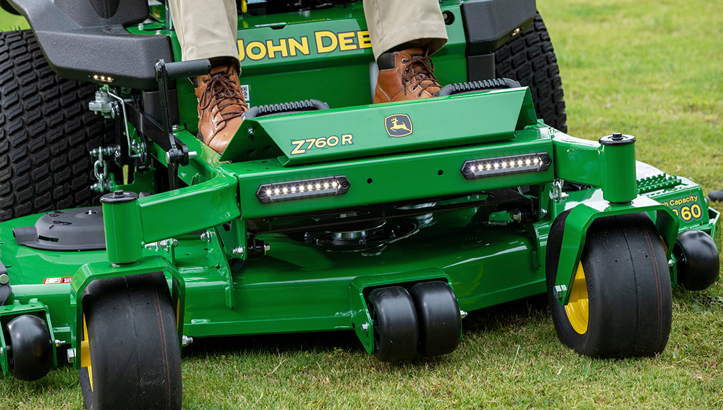 Close-up view of the LED work lights on the Z760R ZTrak