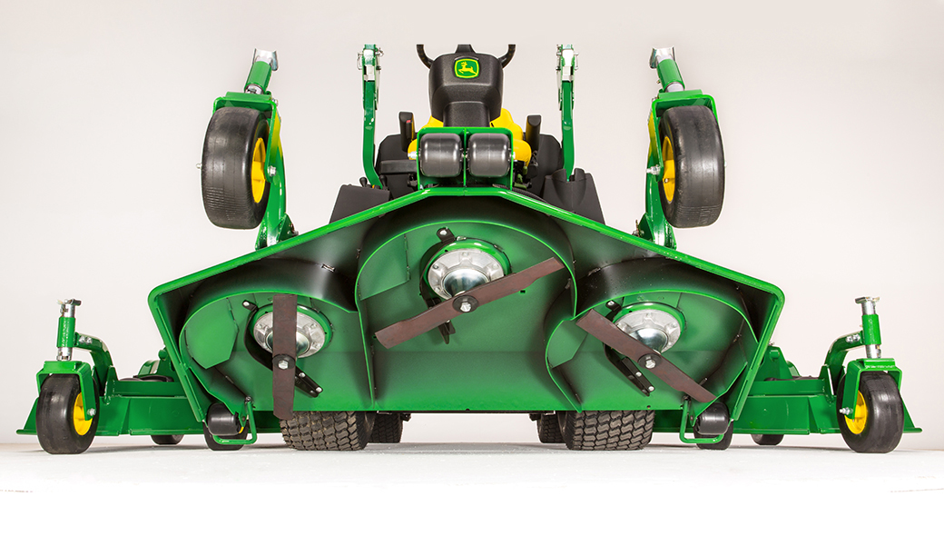 Underside of the mower deck with three blades