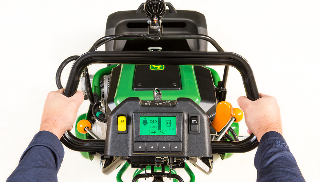 Close-up view of the easy-to-use controls on the 185 E-Cut Electric Walk Greens mower