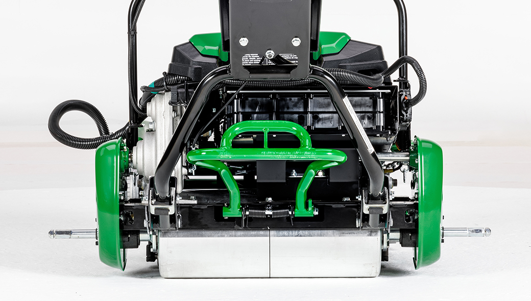 Close-up view of the rollers on the 185 E-Cut Electric Walk Greens mower